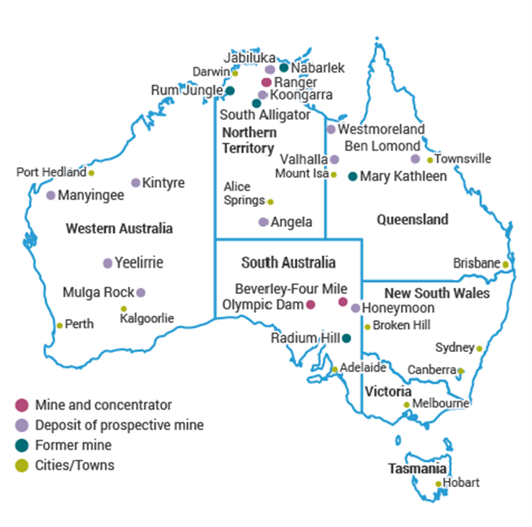 map od Australian uranium deposits